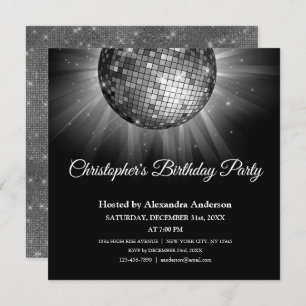 Any Age Birthday Party Silver Sparkle Disco Ball Invitation