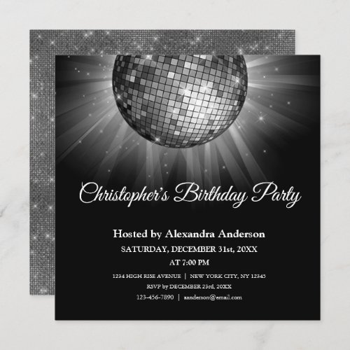 Any Age Birthday Party Silver Sparkle Disco Ball Invitation