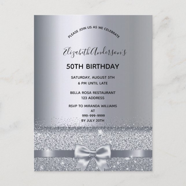 Any age birthday party silver sparkle invitation postcard (Front)