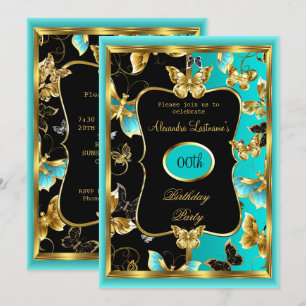 Any age Birthday Party Teal Blue Gold Butterfly  Invitation