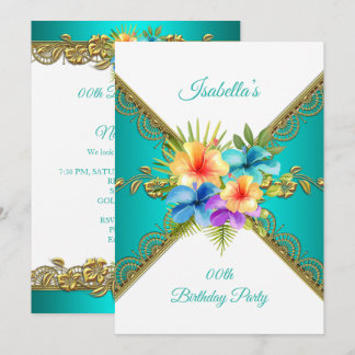 Any age Birthday Party teal blue gold white Floral Invitation