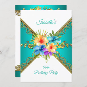 Any age Birthday Party teal blue gold white Floral Invitation