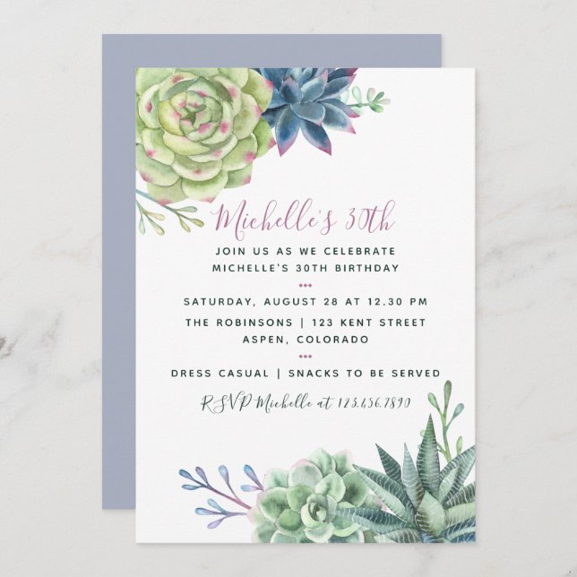 Any age Birthday Party Watercolor Succulent invite (Front/Back)