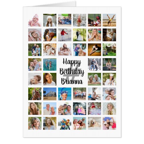 Any Age Birthday Photo Collage 46 Photos Custom Card - Celebrate a BIG birthday with BIG memories on a BIG photo collage greeting card! Personalize with 45 photos on the front and 1 on the inside left side as well as your custom text for the title and all text areas front to back. PHOTO TIP:  For fastest/best results, choose photos with the subject in the middle and/or pre-crop it to a square shape BEFORE uploading. CHANGES:  Change the text font style, size, color or placement by clicking on CUSTOMIZE FURTHER. Contact the designer via Zazzle Chat or makeitaboutyoustore@gmail.com if you'd like a design modified, on another product or assistance with an idea you have to create something unique and special.
