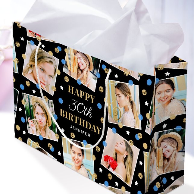 Any Age Birthday Photo Collage Blue 30th Large Gift Bag (Creator Uploaded)