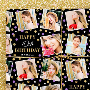 Any Age Birthday Photo Collage Purple 19th Wrapping Paper