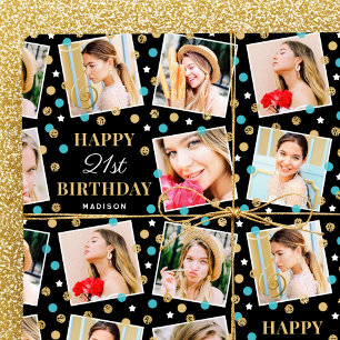 Any Age Birthday Photo Collage Teal 21st Wrapping Paper