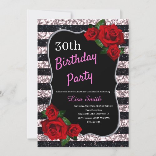 Any Age Birthday Pink And Black Glitter Red Roses Invitation
