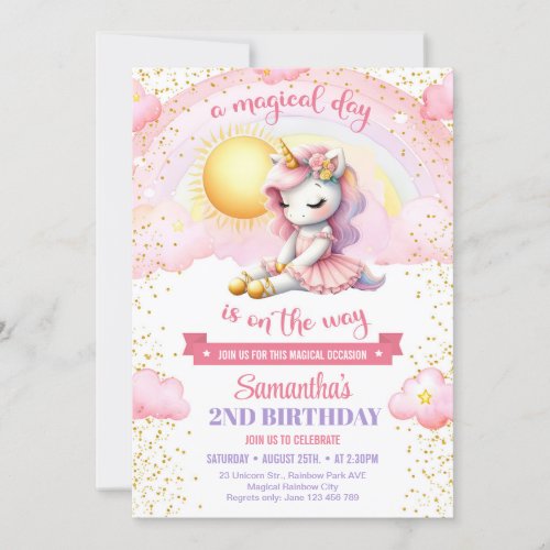 Any Age birthday Pink and gold tutu dress unicorn  Invitation