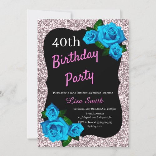 Any Age Birthday Pink Glitter Blue Roses Invitation