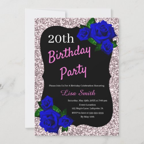 Any Age Birthday Pink Glitter Deep Blue Roses Invitation