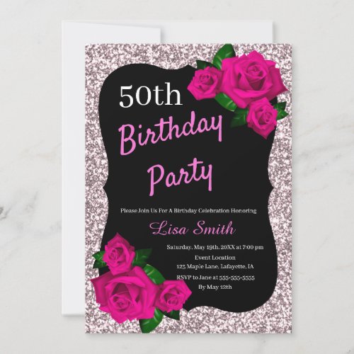 Any Age Birthday Pink Glitter Pink Roses Invitation