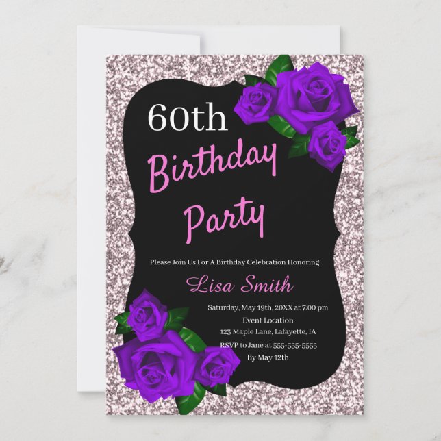Any Age Birthday Pink Glitter Purple Roses Invitation (Front)