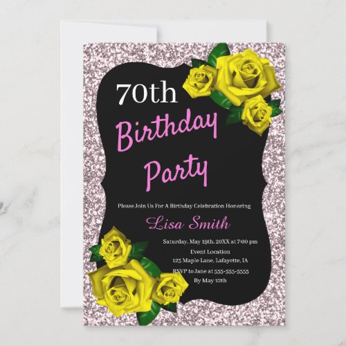 Any Age Birthday Pink Glitter Yellow Roses Invitation