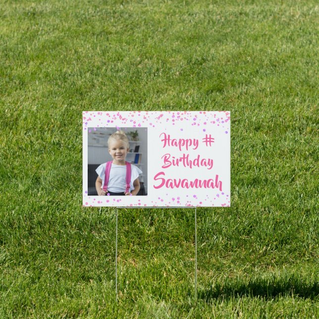 Any Age Birthday Pink Purple Confetti Photo Lawn Sign (Insitu)