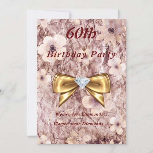 Any Age Birthday Pink Rose Gold  Diamond Bow Invitation