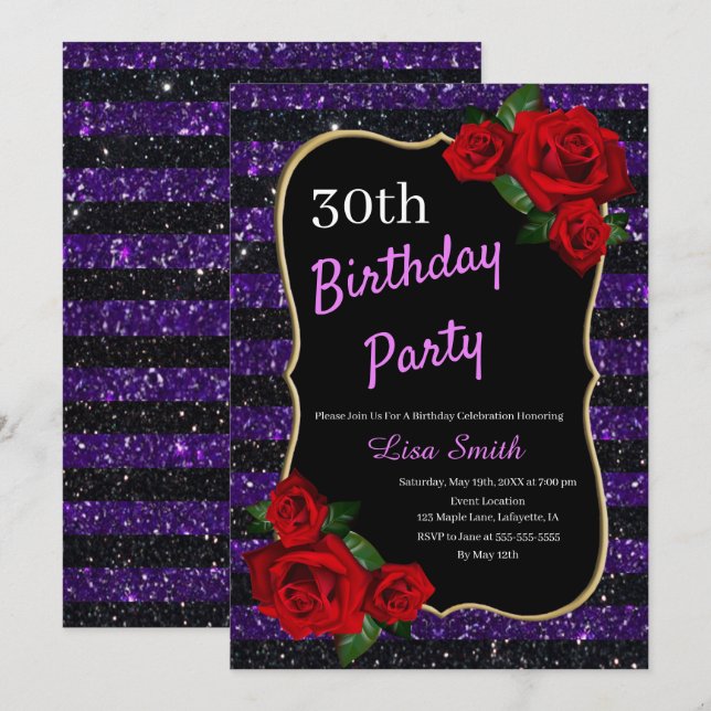 Any Age Birthday Purple And Black Glitter Red Rose Invitation (Front/Back)