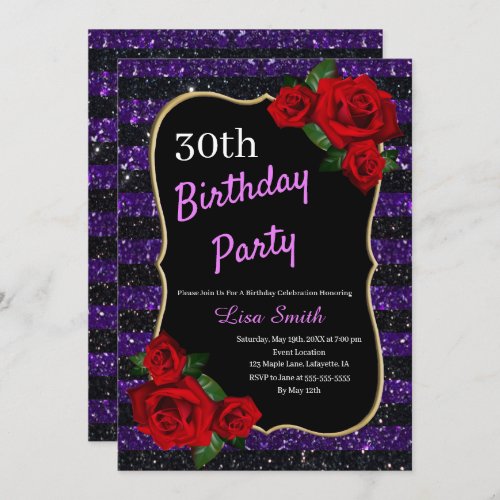 Any Age Birthday Purple And Black Glitter Red Rose Invitation