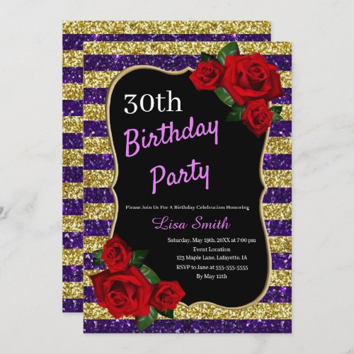 Any Age Birthday Purple And Gold Glitter Red Roses Invitation