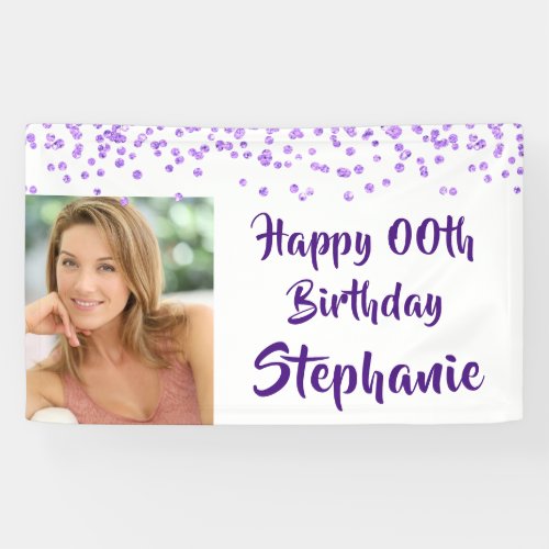 Any Age Birthday Purple Confetti Handwritten Photo Banner - Celebrate any age birthday with this personalized photo banner with wishes for a HAPPY # BIRTHDAY. Modern, chic design with a purple confetti border and brush script font which can be changed to a different font style or color to coordinate with your party theme. PHOTO TIP:  For fastest/best results, choose a photo with the subject in the middle and/or pre-crop it to a similar shape as shown BEFORE uploading and it will fill in the photo space provided perfectly. Contact the designer via Zazzle Chat or makeitaboutyoustore@gmail.com if you’d like this design modified, on another product or would like coordinating items.