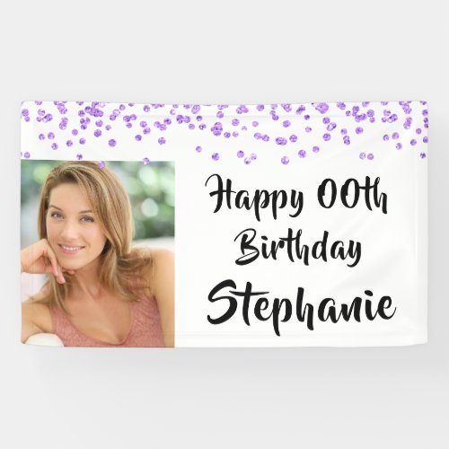 Any Age Birthday Purple Confetti Script Photo Banner - Celebrate any age birthday with this personalized photo banner with wishes for a HAPPY #TH BIRTHDAY. Modern, chic design with a purple confetti border and black brush script font which can be changed to a different font style or color to coordinate with your party theme. PHOTO TIP:  For fastest/best results, choose a photo with the subject in the middle and/or pre-crop it to a similar shape as shown BEFORE uploading and it will fill in the photo space provided perfectly. Contact the designer if you’d like this design modified, on another product or would like coordinating items to complete your party ensemble.