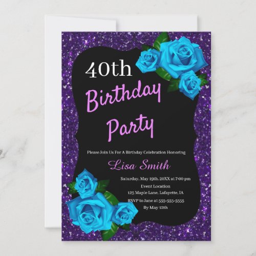 Any Age Birthday Purple Glitter Blue Roses Invitation
