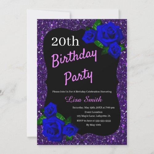 Any Age Birthday Purple Glitter Deep Blue Roses Invitation