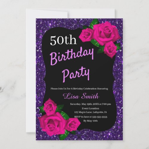 Any Age Birthday Purple Glitter Pink Roses Invitation