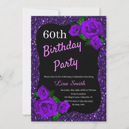 Any Age Birthday Purple Glitter Purple Roses Invitation