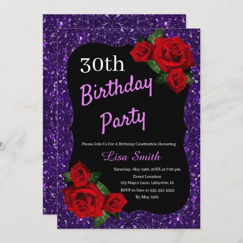 Any Age Birthday Purple Glitter Red Roses Invitation