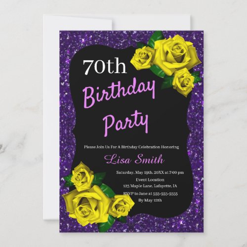 Any Age Birthday Purple Glitter Yellow Roses Invitation