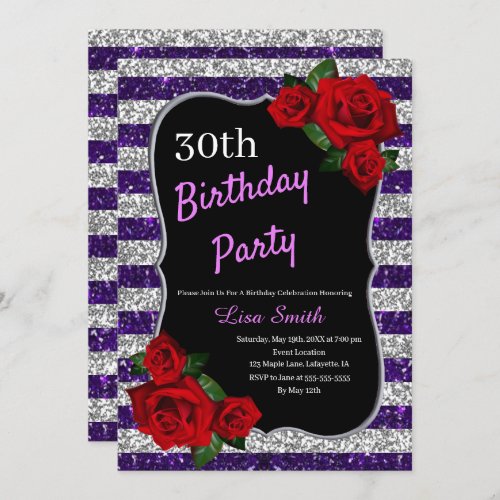 Any Age Birthday Purple Silver Glitter Red Roses Invitation