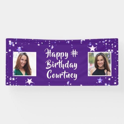 Any Age Birthday Purple Stars Brush Script Photo Banner