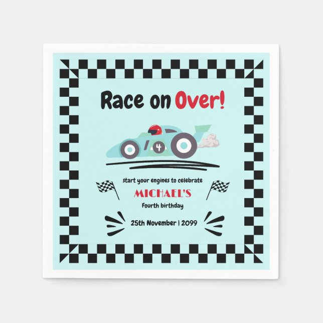 Any Age Birthday Race on Over Blue Race Car Napkins (Front)