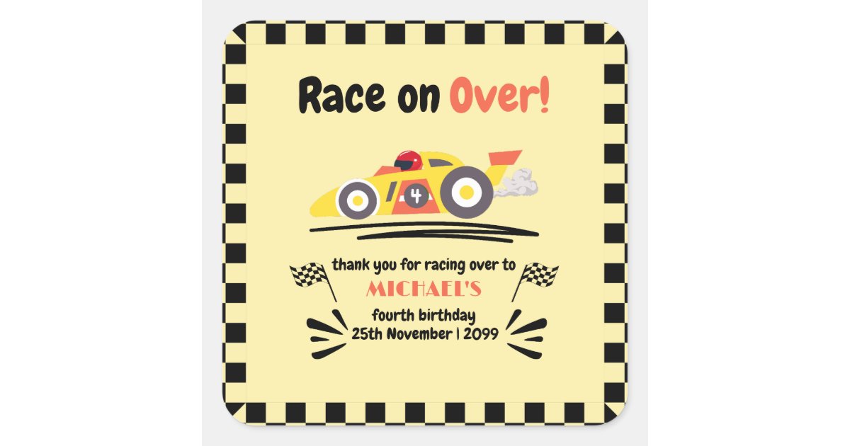 Any Age Birthday Race on Over Yellow Race Car Square Sticker | Zazzle