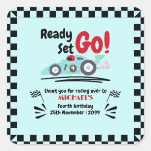 Any Age Birthday Ready Set Go Blue Race Car Square Sticker