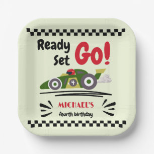 Any Age Birthday Ready Set Go Green Race Car Paper Plates