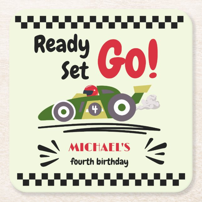 Any Age Birthday Ready Set Go Green Race Car Square Paper Coaster (Front)