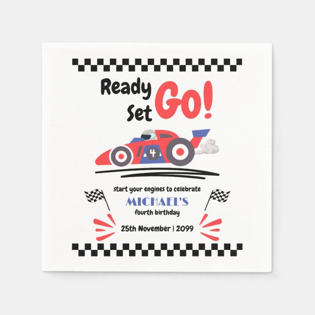 Any Age Birthday Ready Set Go Red Blue Race Car Napkins (Front)
