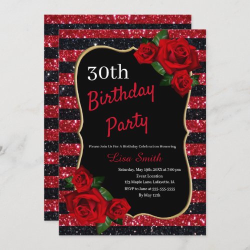 Any Age Birthday Red And Black Glitter Red Roses Invitation