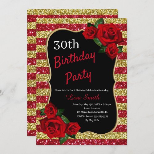 Any Age Birthday Red And Gold Glitter Red Roses Invitation