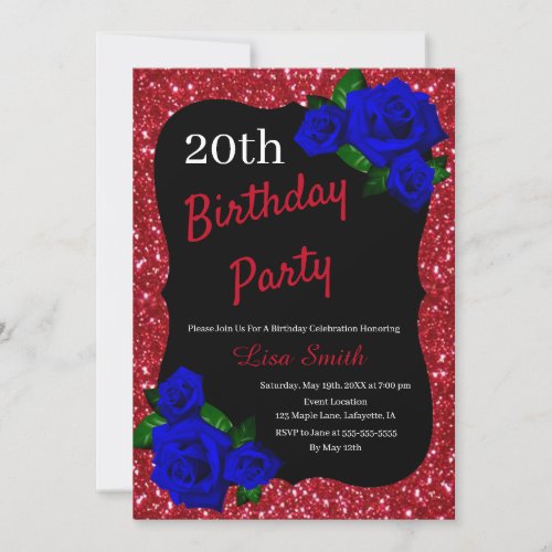 Any Age Birthday Red Glitter Deep Blue Roses Invitation