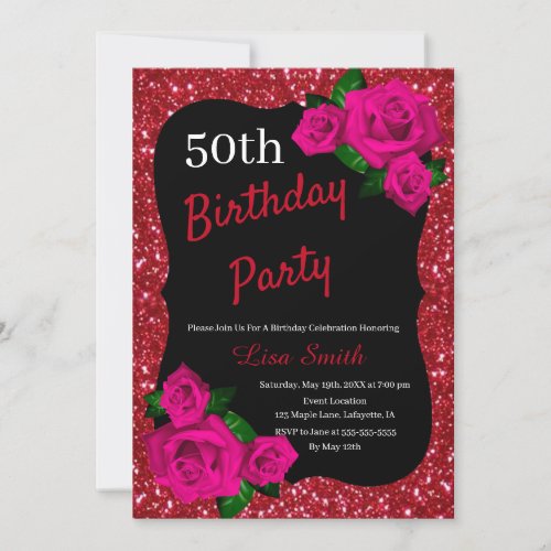 Any Age Birthday Red Glitter Pink Roses Invitation