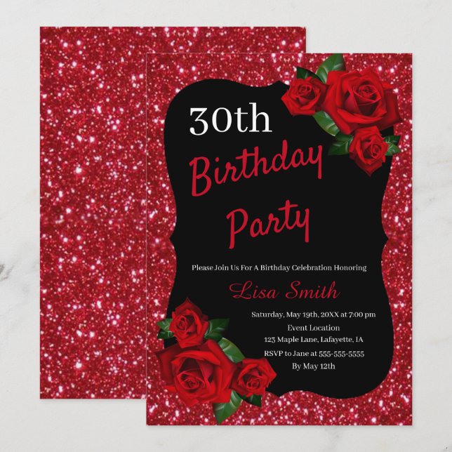 Any Age Birthday Red Glitter Red Roses Invitation (Front/Back)