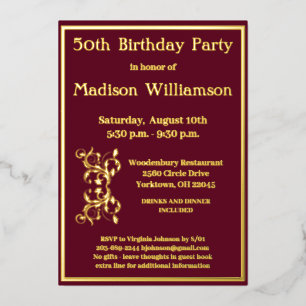 Any Age Birthday Red REAL Gold     Foil Invitation