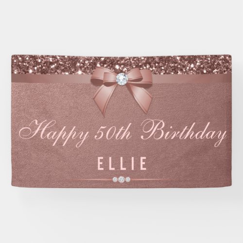 Any Age Birthday Rose Gold Diamond Bow Glitter Banner