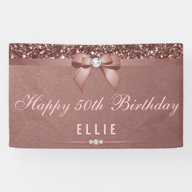 Any Age Birthday Rose Gold Diamond Bow Glitter Banner (Horizontal)