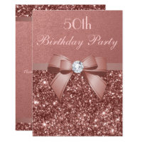 Any Age Birthday Rose Gold Glitter Diamond Bow Invitation