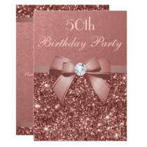 Any Age Birthday Rose Gold Glitter Diamond Bow Invitation Any Age Birthday Rose Gold Glitter Diamond Bow Invitation