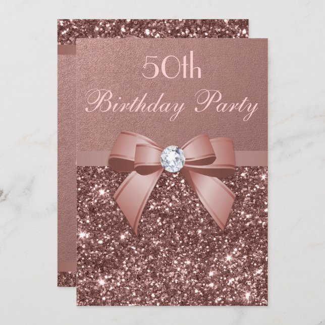 Any Age Birthday Rose Gold Glitter Diamond Bow Invitation (Front/Back)
